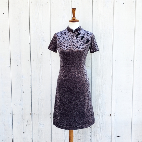 Vintage Dresses & Skirts - Vintage 90s Michel Klein Paris Designer  Velvet Floral Dress Size 4 XS